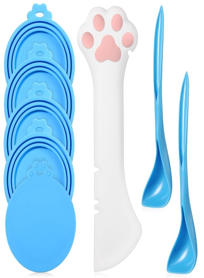 Uiifan Cat Food Lid Cat Food Can Covers Lids 8 Pcs Pet Can Supplies Set 5 Silicone Wet Kitten Foodstuff Tin Covers Lids 2 Silicone Dog Spoons 1 Paw Shape Multifunctional Opener for Pets(Blue) - Image 1